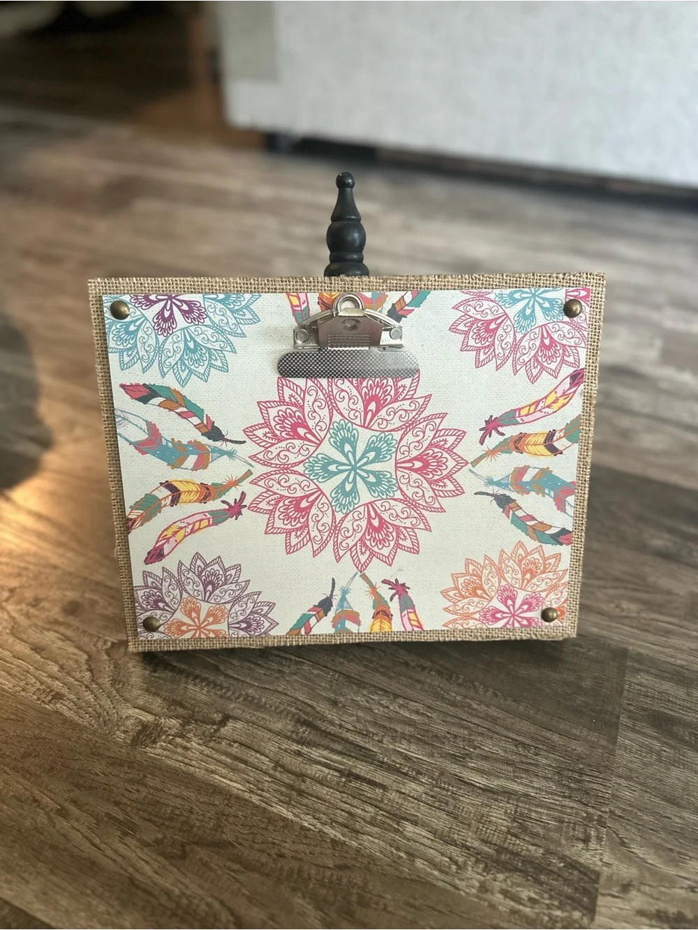 Floral Mandala Clip Frame with Colorful Feather Accents